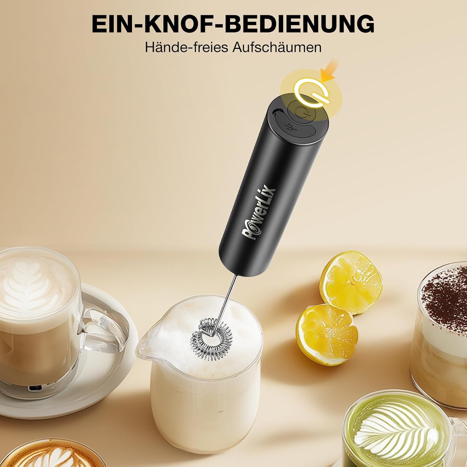 Detalle de POWERLIX Pro 3-in-1 elektrischer Milchschäumer (handheld) mit USB-C Wiederaufladung