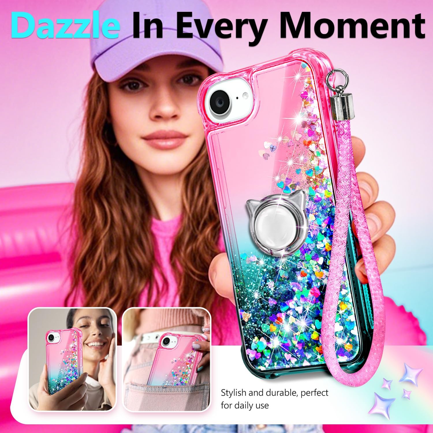 Thumbnail 6 de NGB Glitter Liquid Case for iPhone 16e & 17e (6.1") with Screen Protector, Ring Holder, and Wrist Strap — Pink/Aqua