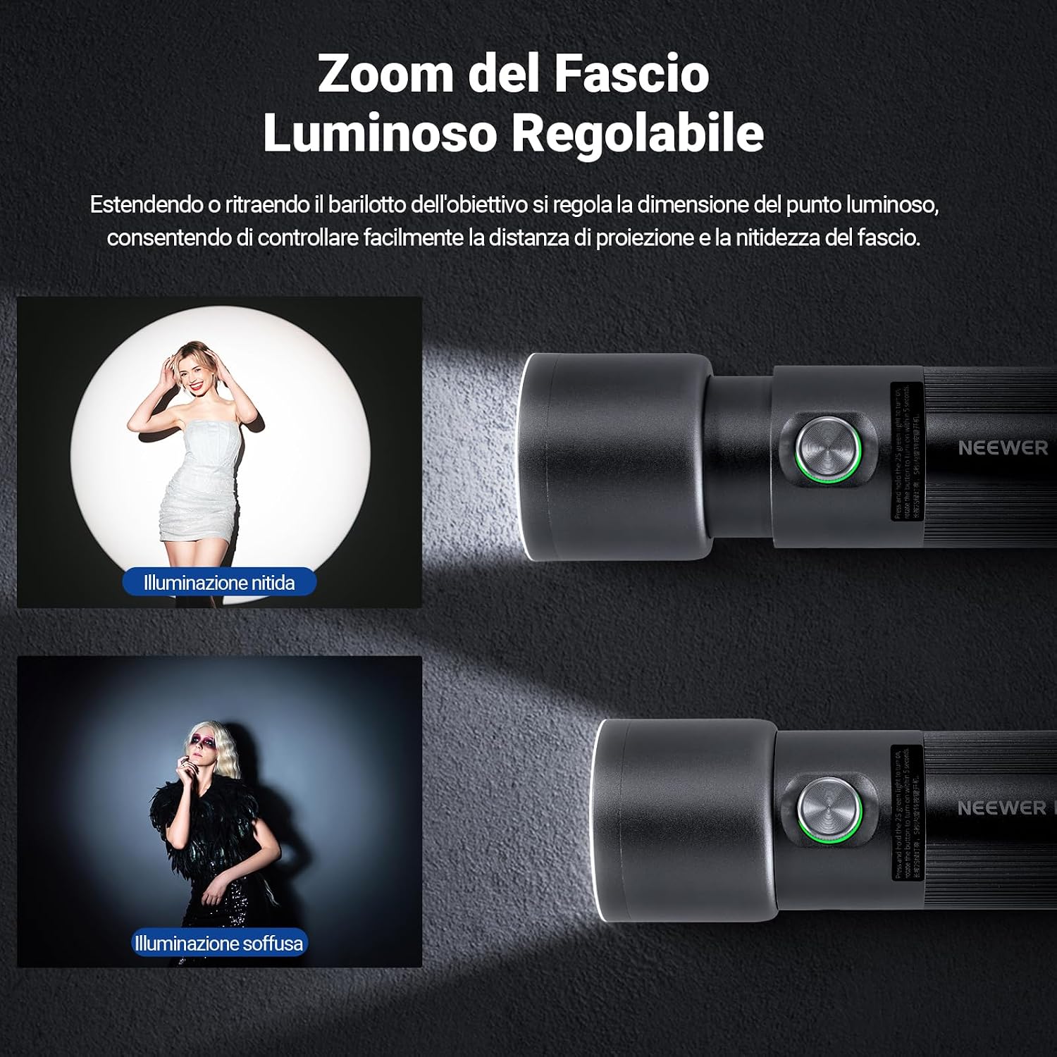Detalle 2 de NEEWER BASICS FL10 – Torcia fotografica RGB con 4 colori, 20 filtri gobo e dimmer da 1% a 100%