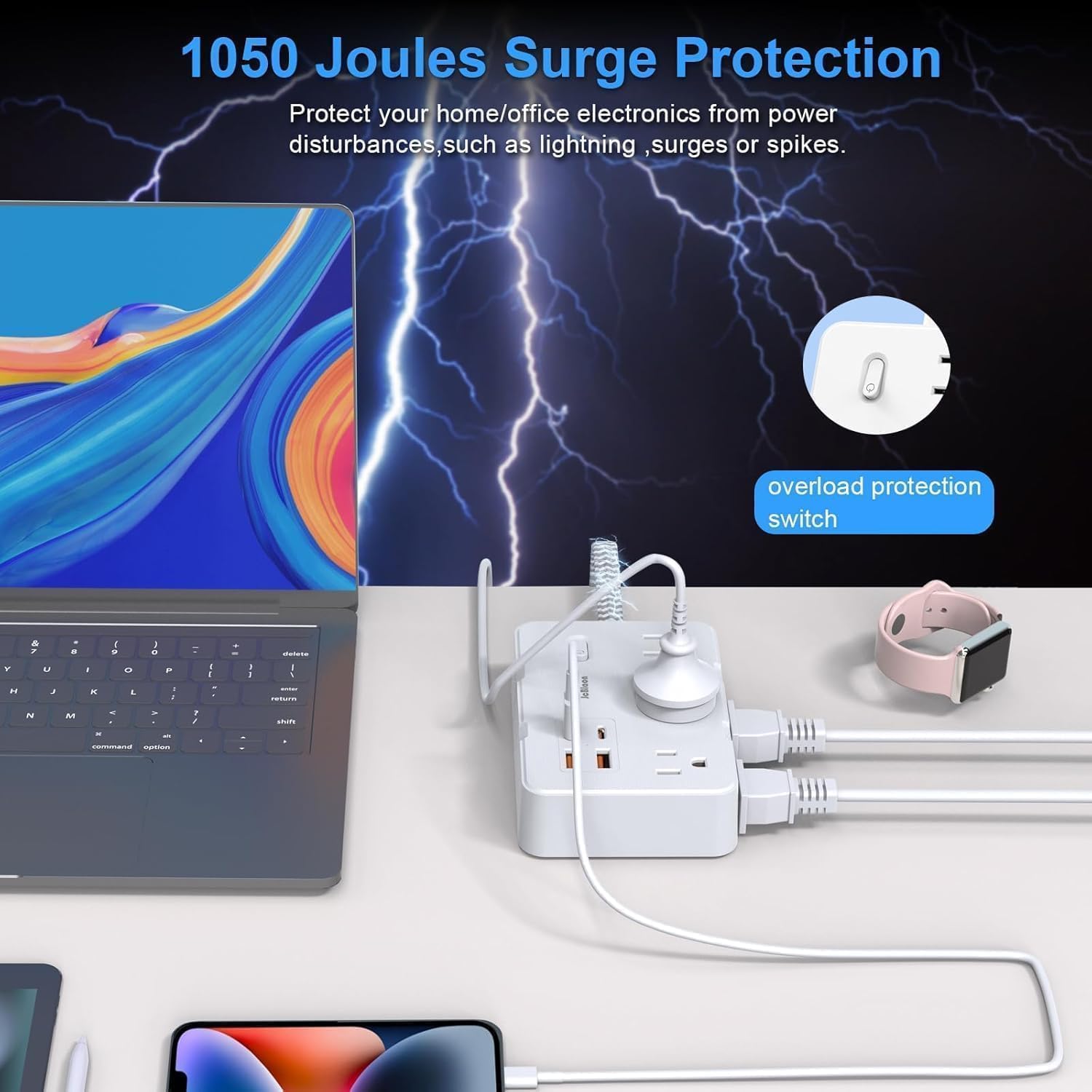 Detalle 1 de JcBlaon 15 ft Power Strip with 6 AC Outlets, 4 USB Ports and 1050 J Surge Protection