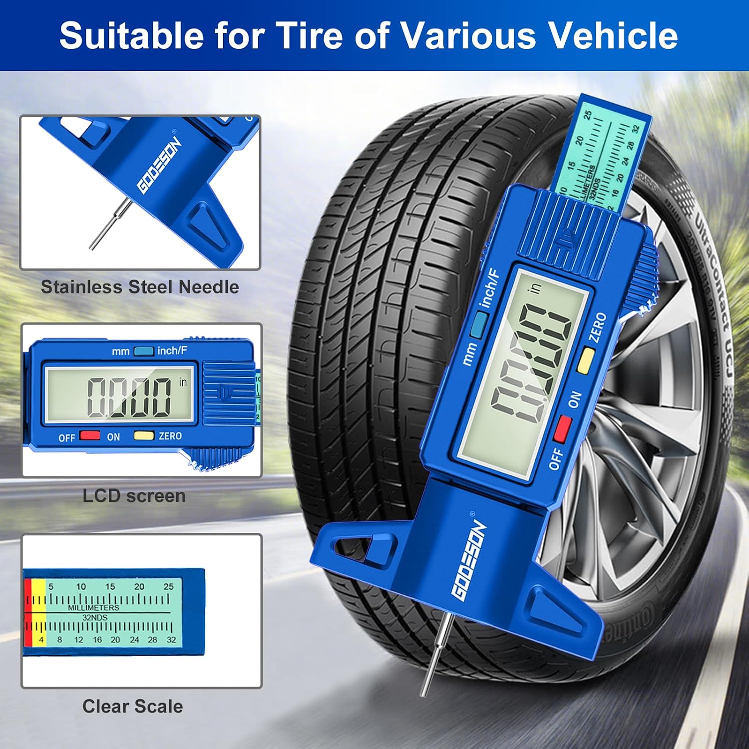 Detalle 2 de GODESON DTG02-2BL Digital Tire Tread Depth Gauge, 3 Measurement Modes