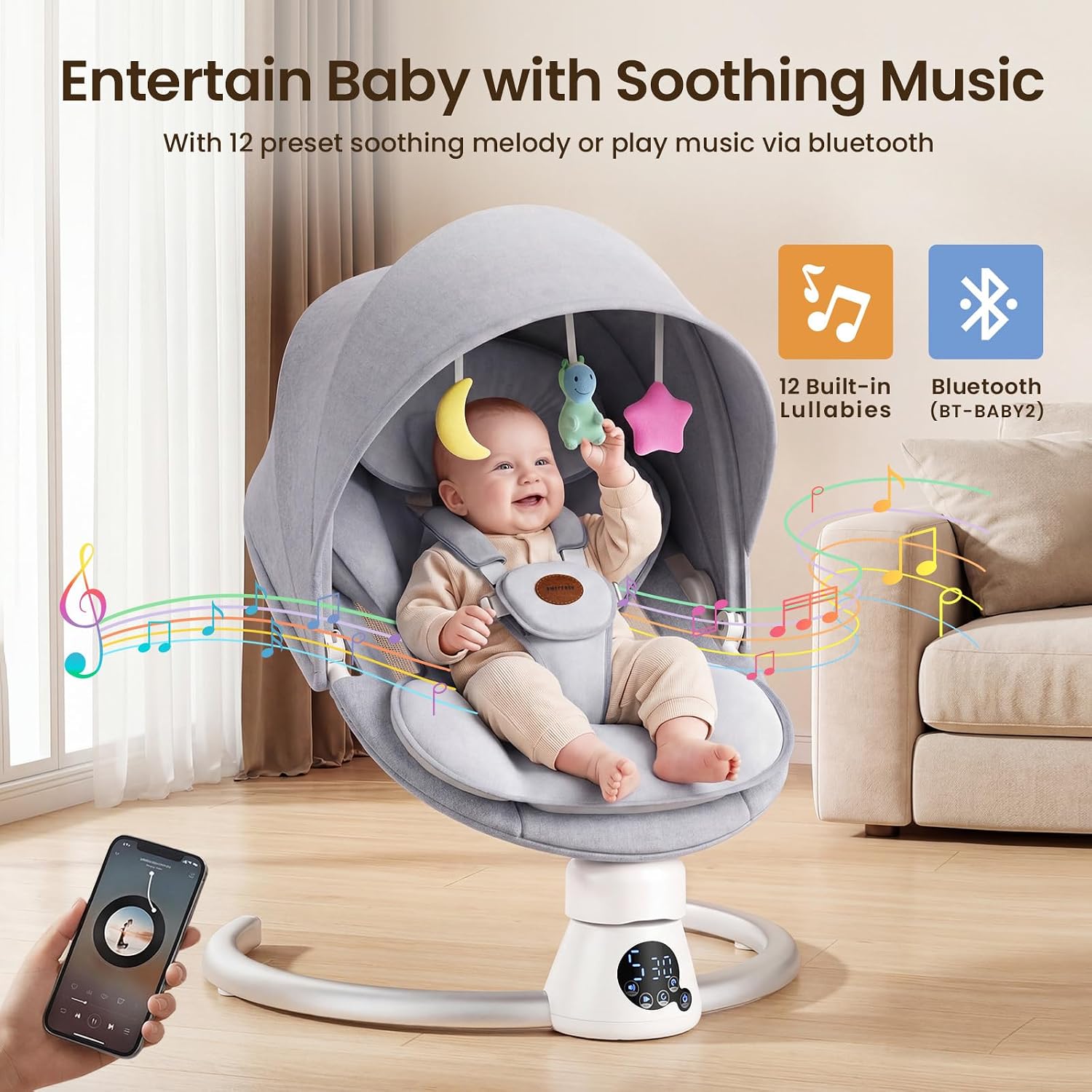 Thumbnail 3 de Smelluck Electric Baby Swing with App Control, 2 Recline Positions and Mesh Seat