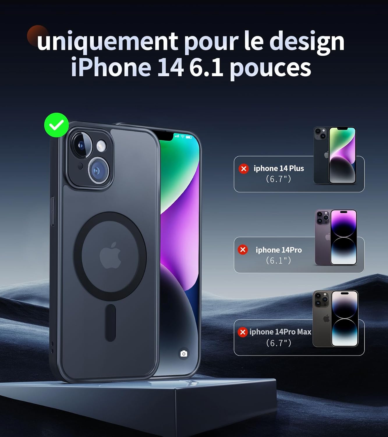 Detalle de FLLAO Coque magnétique pour iPhone 14 — 2 verres trempés, MagSafe, protection complète, noir translucide