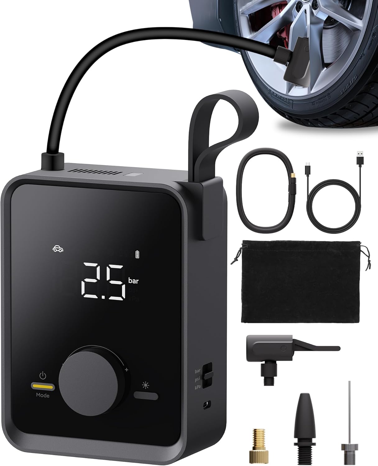 Compressore Aria Portatile Pro: gonfiaggio rapido e controllo preciso per auto, bici e moto