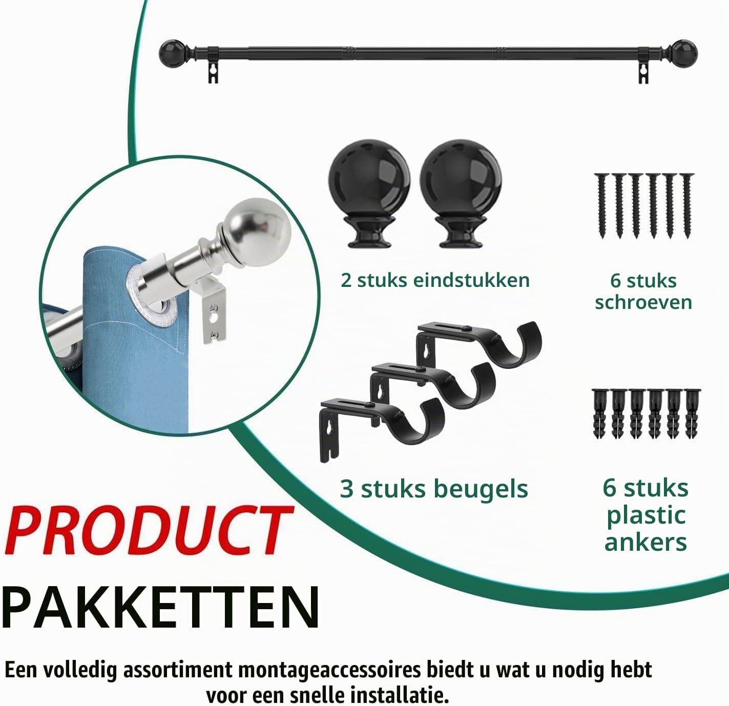Detalle 2 de Rod&Trikin N04-8090-29 gordijnroede, zwart RVS, verstelbaar van 84 tot 290 cm