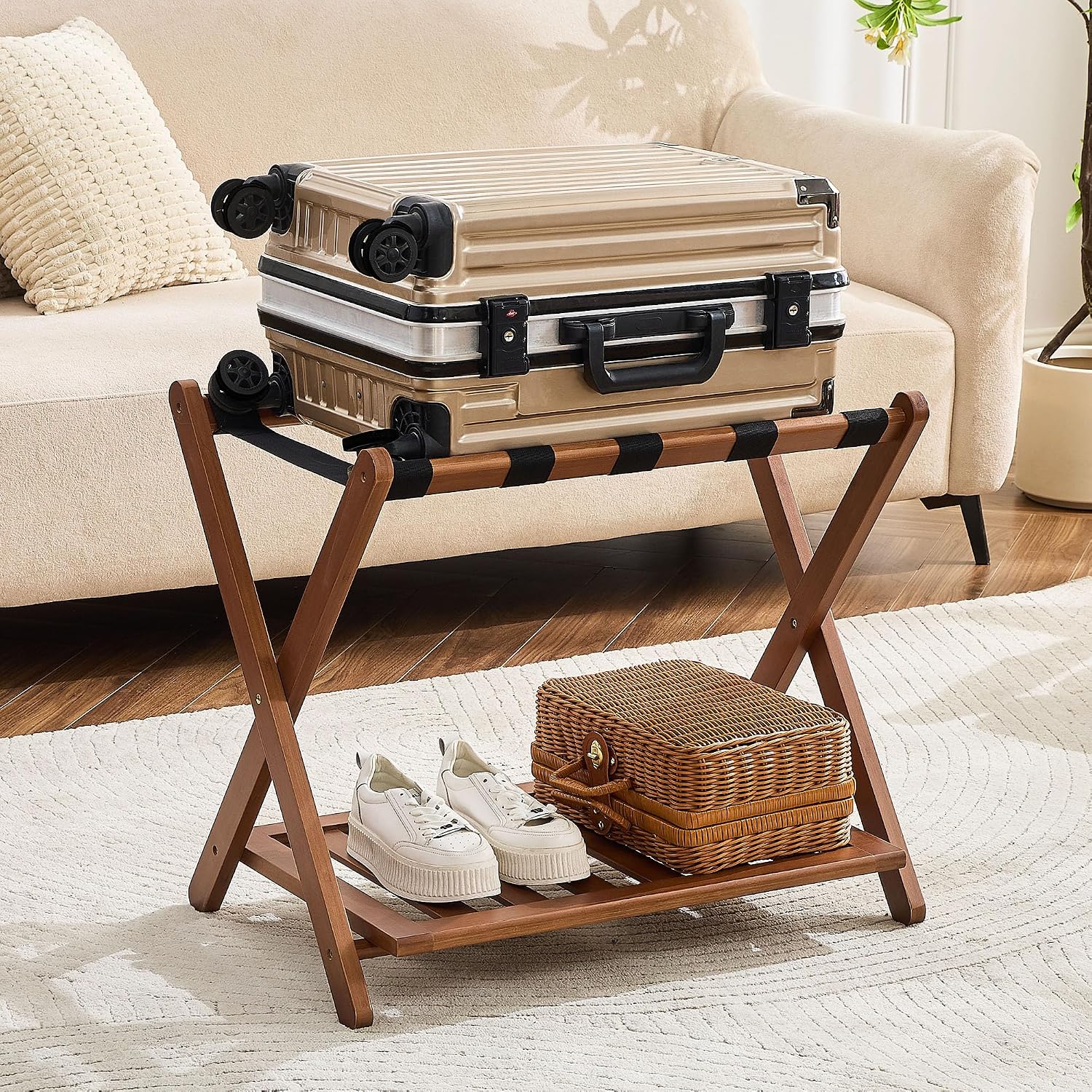 Thumbnail 1 de oakvivo Walnut Bamboo Luggage Racks, Set of 2, Folding Two-Tier Stands