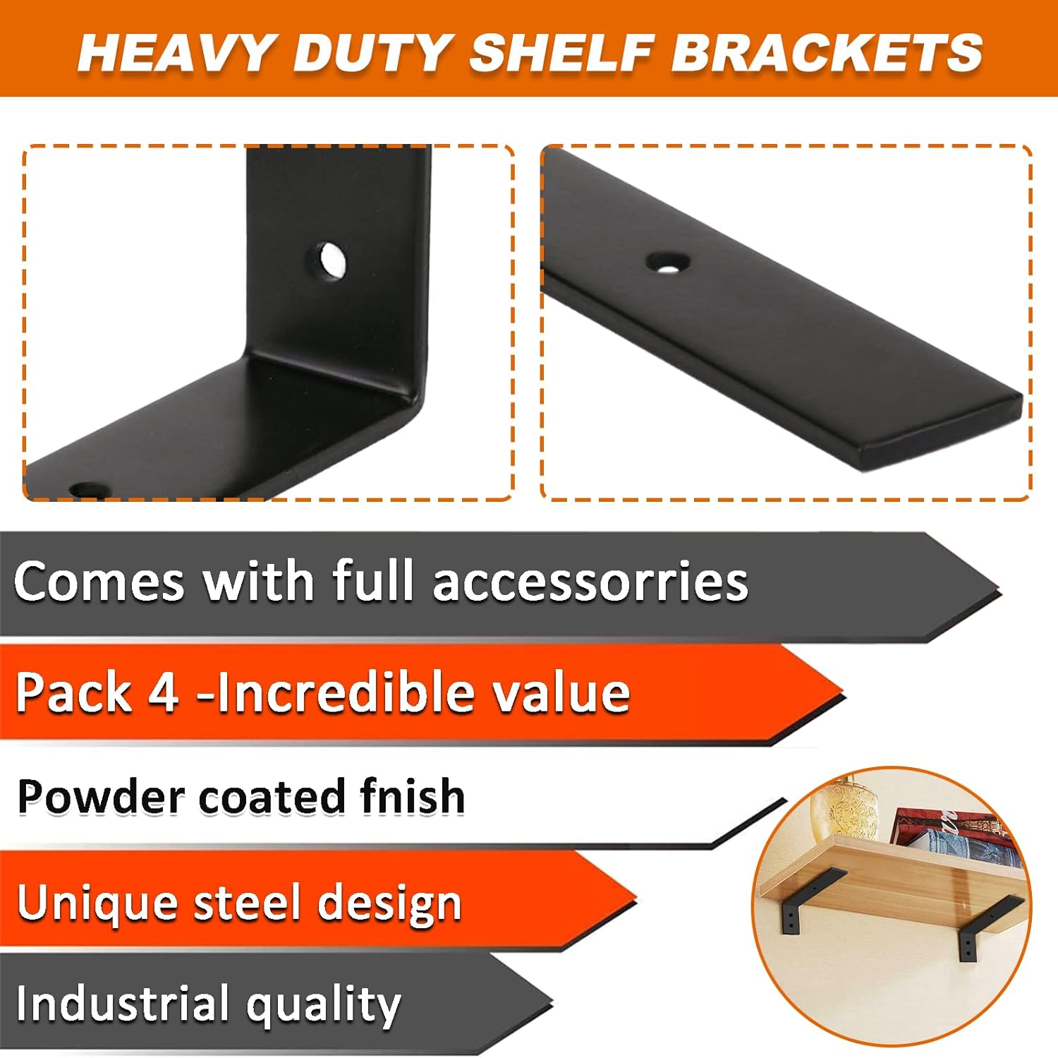 Thumbnail 3 de MLOQI 4 Pack Heavy Duty Shelf Brackets – 5mm Thick L-Shaped Steel, 6" x 4" (15cm x 10cm) with Screws
