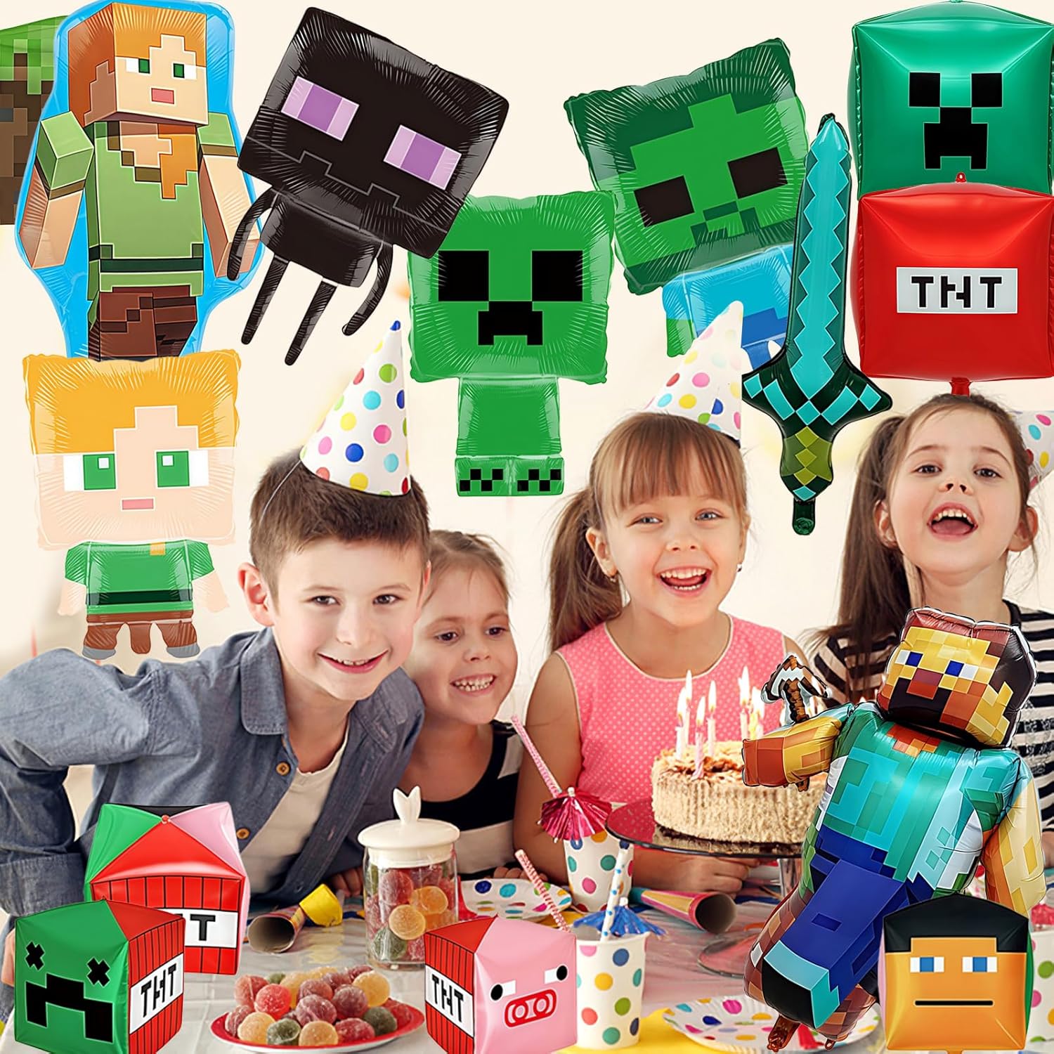 Thumbnail 2 de Milygobam 12PCS Birthday Balloons – Foil Balloons for Helium, 4-Sided Display Square, Cartoon Gaming Theme