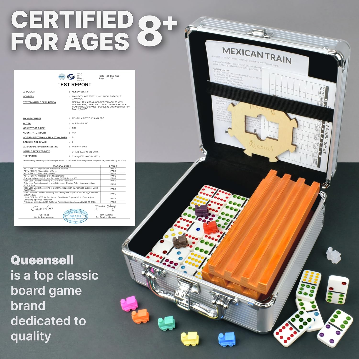 Detalle de Queensell Mexican Train Domino-Set mit 8 Haltern – Doppel-12-Steine aus Holz, inkl. Nabe, Halter und Aluminiumschale
