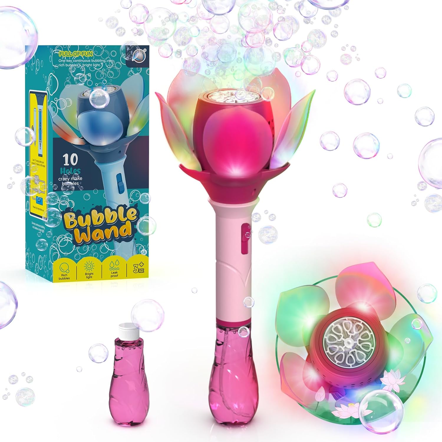 Detalle de PANACARE Blumen Seifenblasenstab – Elektrische Seifenblasenmaschine für Kinder (Pink)