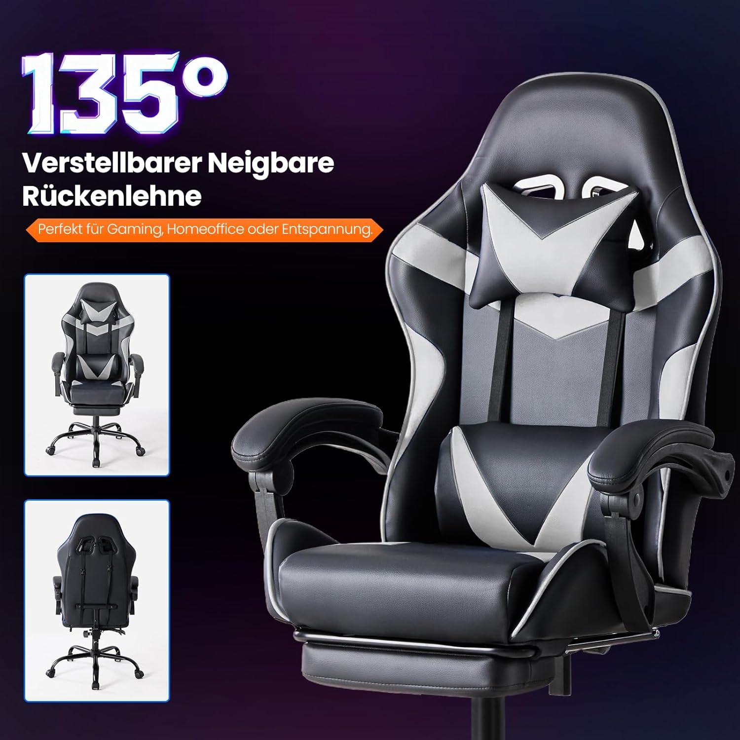 Thumbnail 4 de Sweetcrispy Gaming Stuhl mit Fußstütze, Kopf- und Lendenwirbelstütze – weiß, höhenverstellbar