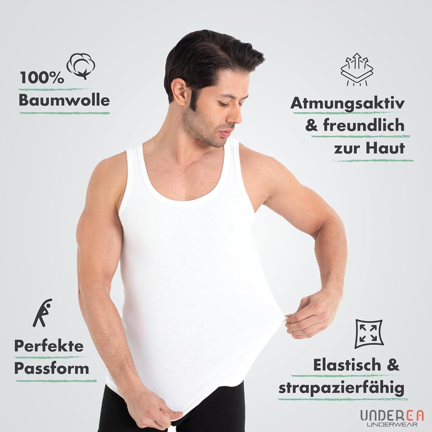 Detalle de UNDEREA Unterhemd Herren – 100% Baumwolle Feinripp, atmungsaktiv & weich | Tank Top im 3er/5er Pack