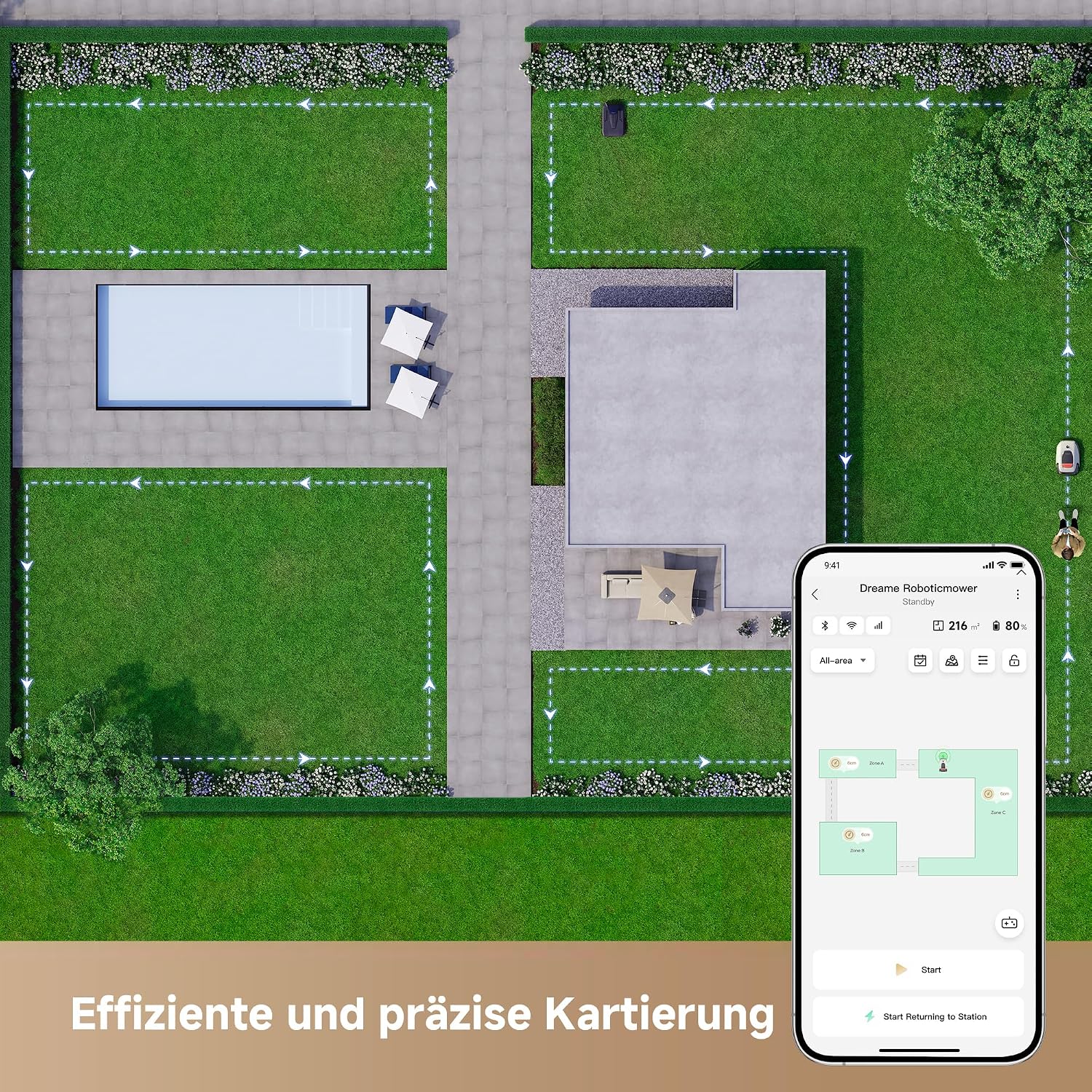 Detalle de Dreame Mähroboter A1 Pro mit Garage – kabellose Begrenzungs-Einrichtung, App-Steuerung, 2000 m²
