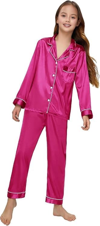 Detalle de ALHAVONE Kids Satin Pajama Set, Long-Sleeve Button-Down Top, Sizes 5–12 Years