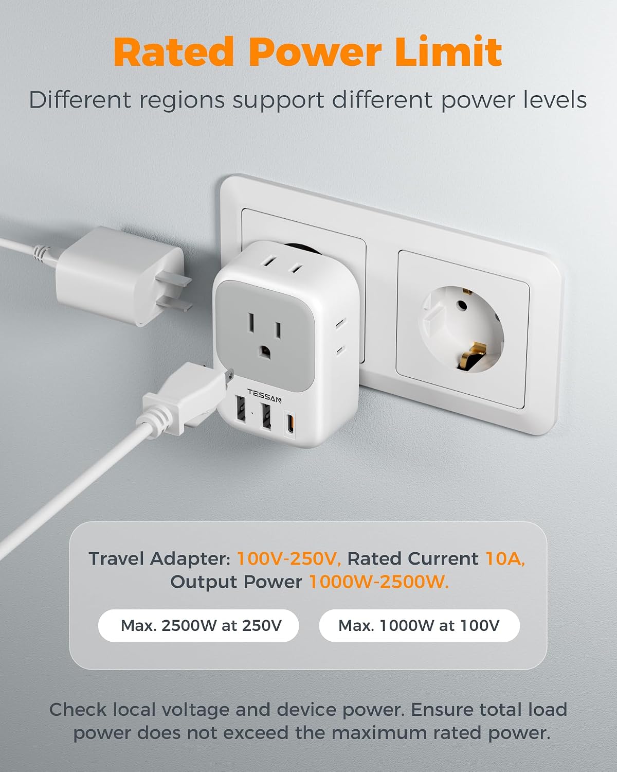 Detalle de TESSAN 2 Pack European Travel Plug Adapter: 7-in-1 EU Power Converter