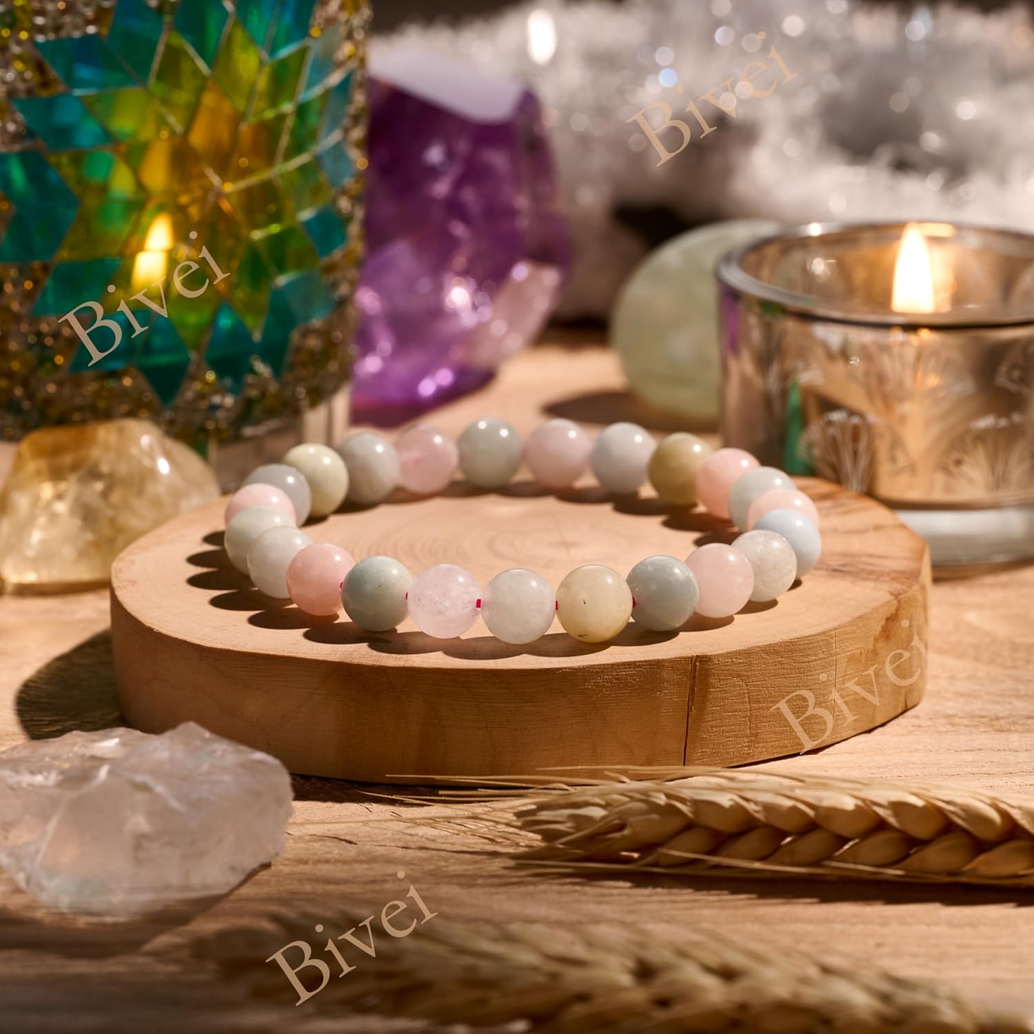 Thumbnail 3 de Bivei Morganite Beaded Bracelet for Women – Handmade 8mm Natural Stone, Elastic Stretch Fit