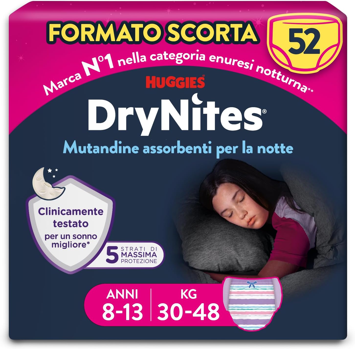 Detalle de Huggies DryNites Mutandine assorbenti L (30-48 kg) per bambina, 52 pezzi