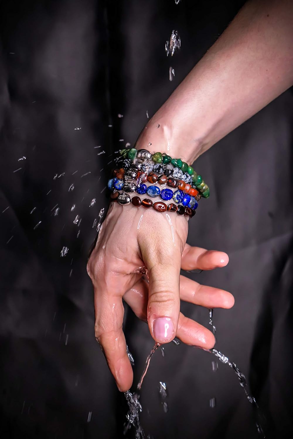 Thumbnail 1 de Bracciale elastico 10:10 con pietre occhio di tigre rosse in nuggets e pepita d'argento 925 placcato oro bianco 18Kt