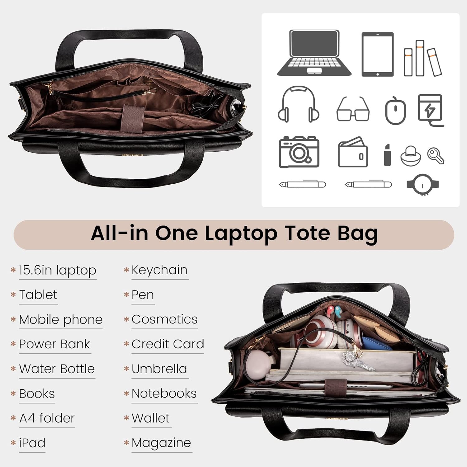 Thumbnail 2 de LOVEVOOK Laptop Handtasche 15,6 Zoll – Damen-Umhängetasche im Shopper-Stil, wasserabweisend, Schwarz