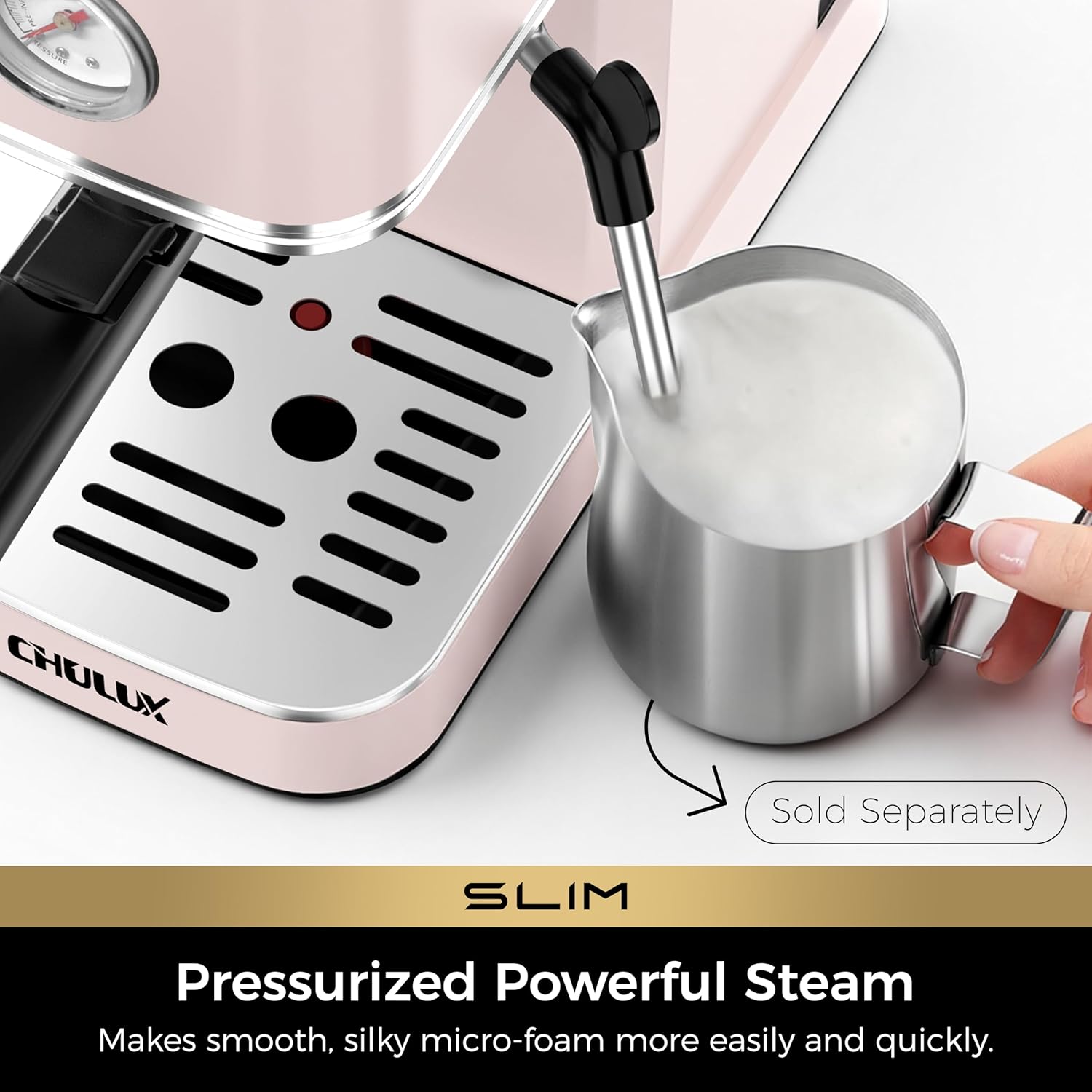 Thumbnail 2 de CHULUX Slim Espresso Machine with Milk Frother – 20 Bar Pump, 1350W, Compact Pink Stainless Steel