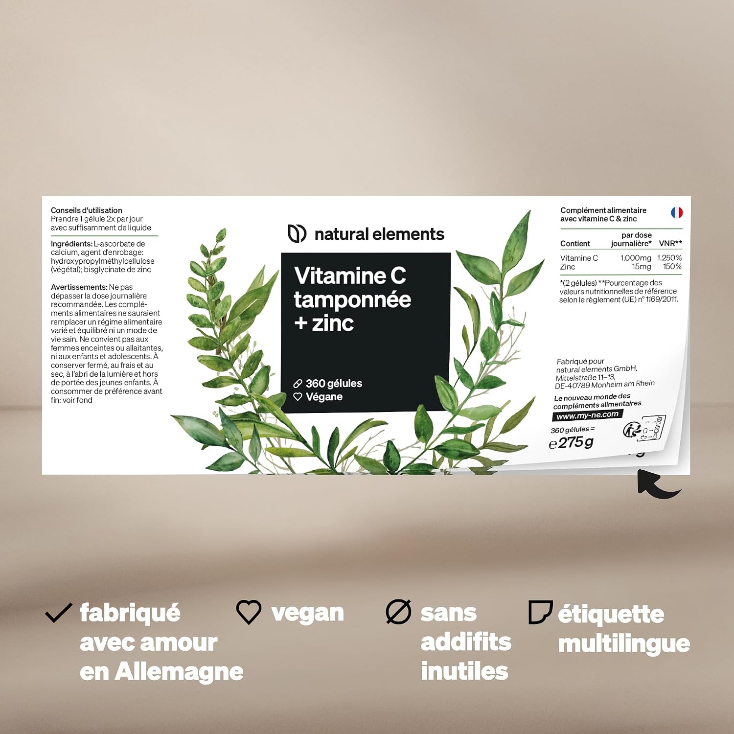Detalle de Natural Elements Vitamine C 360 gélules (1000 mg) + 15 mg zinc, dose élevée et formule tamponnée