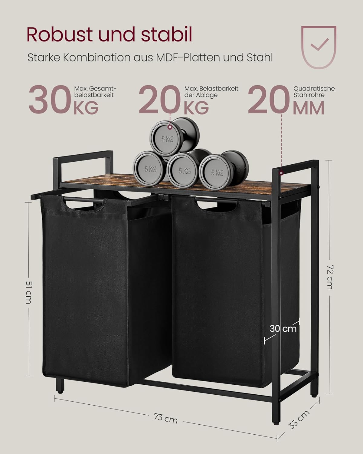 Detalle 1 de Wäschekorb 2 Fächer 92 L von VASAGLE