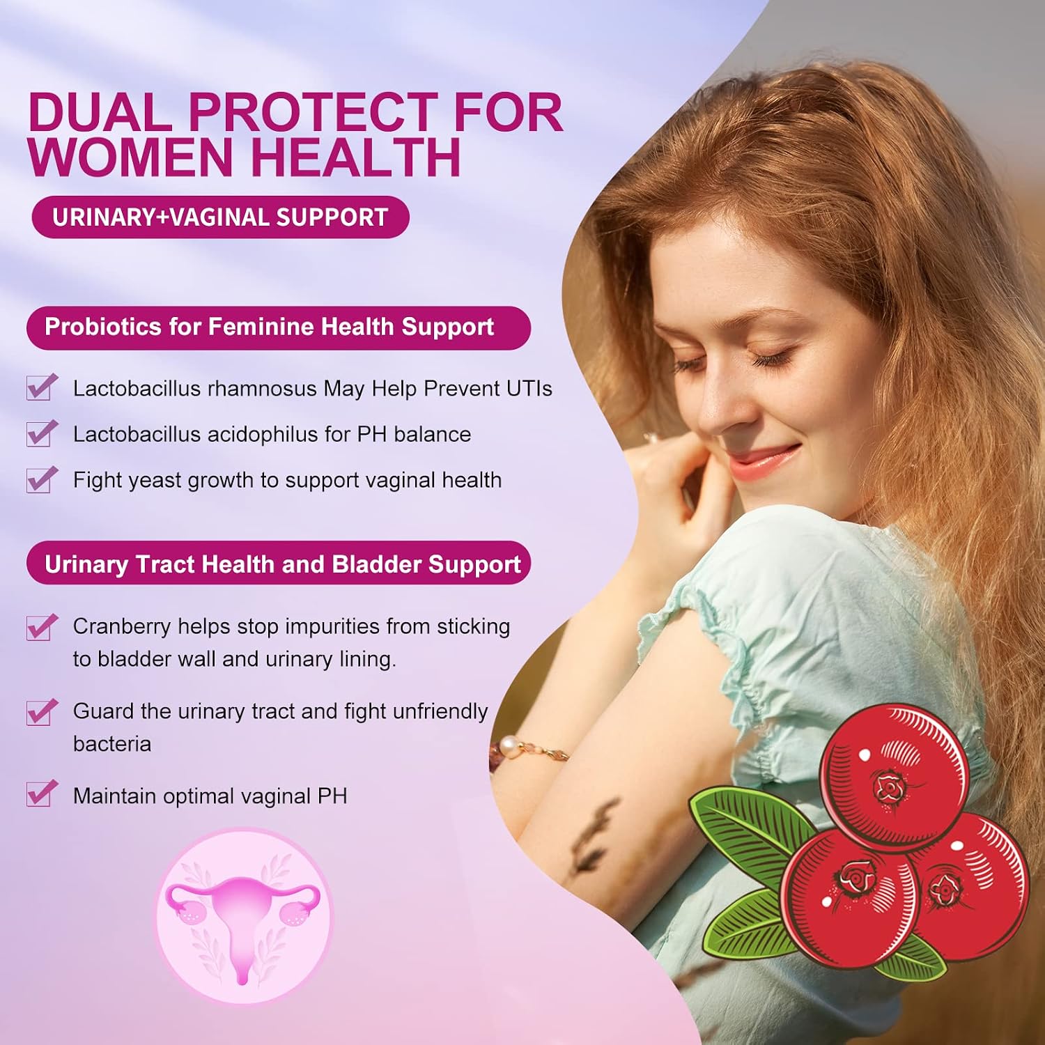 Detalle 2 de OMOGS Women's Probiotic Tablets with Cranberry, Prebiotics, Vitamin C & 18 Strains