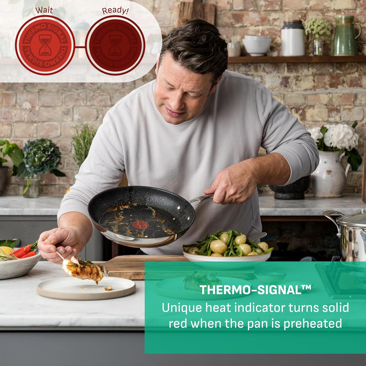 Detalle de T-Fal E304S244 Jamie Oliver Non-Stick Stainless Steel Frying Pan Set, 9.5" & 11