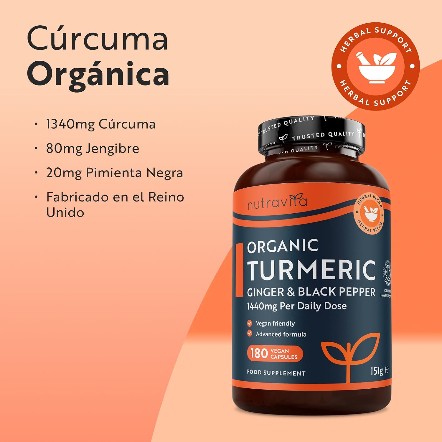 Detalle de Nutravita Cúrcuma Orgánica con Jengibre y Pimienta Negra (extracto de curcumina) – 180 cápsulas veganas