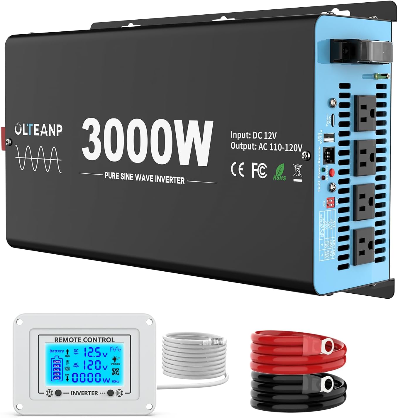 3000W Pure Sine Wave Inverter: 12V DC to 110V AC with LCD Remote