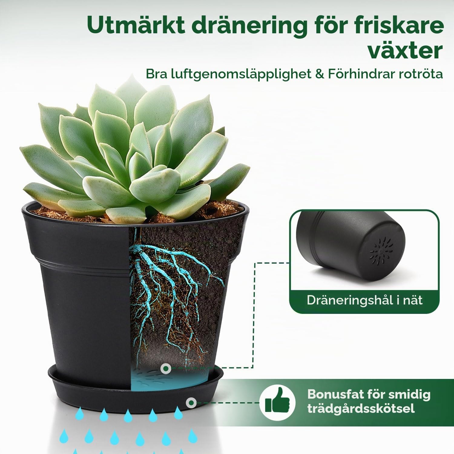 Thumbnail 6 de T4U blomkrukor 12,5 cm, 6-pack med fat och dräneringshål, svarta