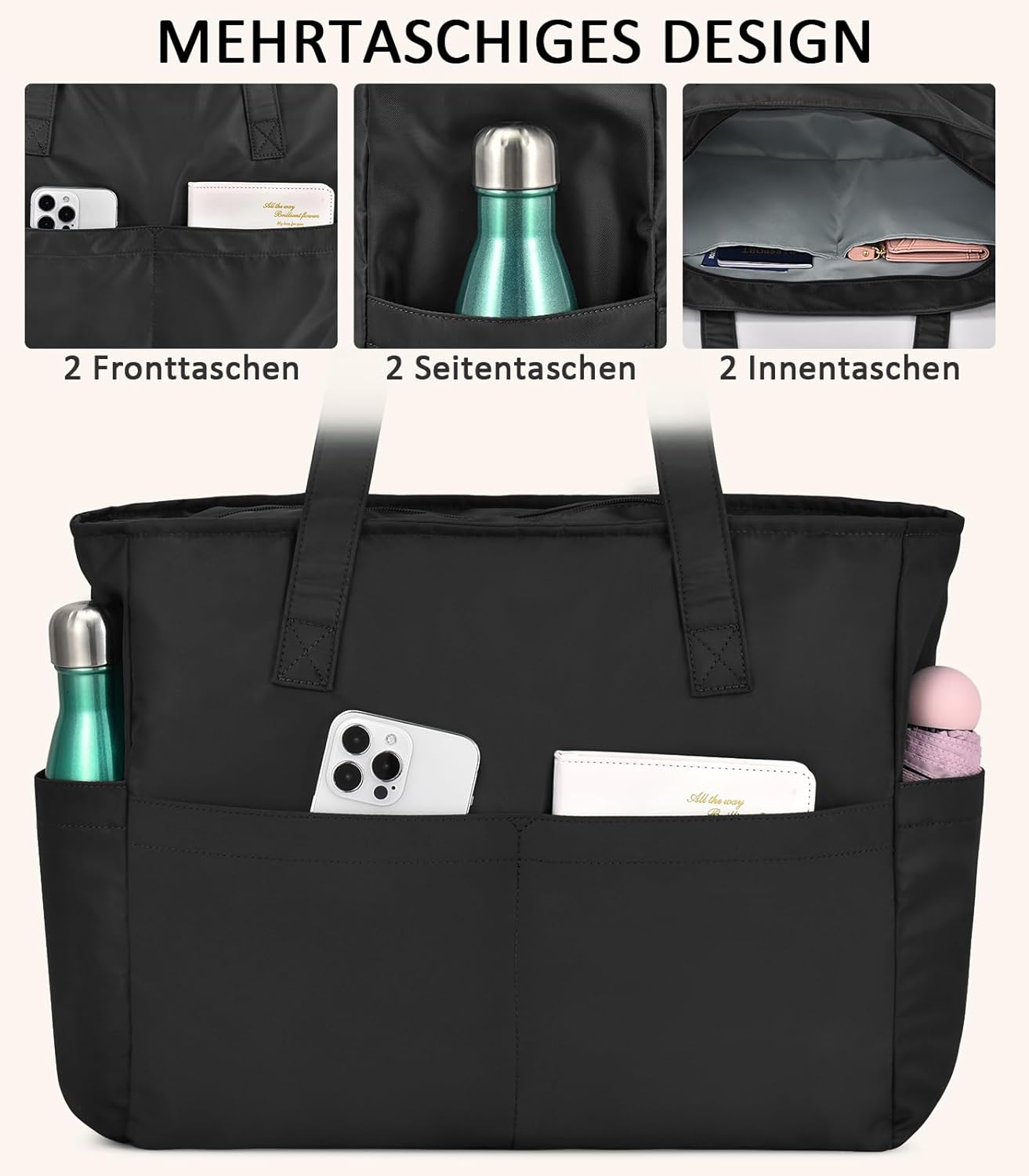 Detalle de oscaurt Tote Bag Shopper Tasche Damen mit 17 Zoll Laptopfach – wasserdicht, 24L, faltbar