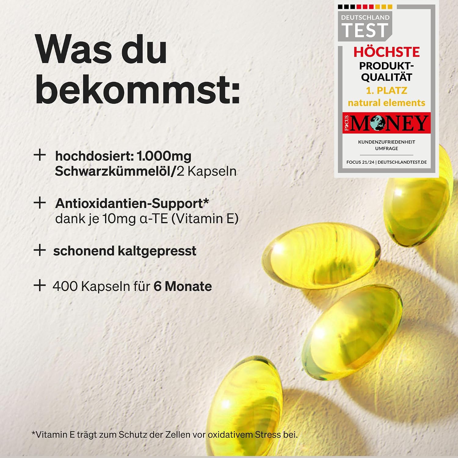 Detalle 2 de natural elements Schwarzkümmelöl 1.000 mg pro Tag, 400 Kapseln