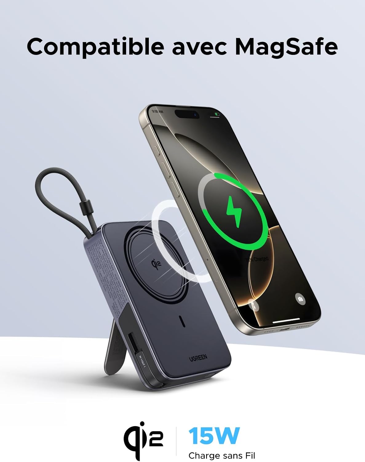 Thumbnail 1 de UGREEN Nexode Qi2 15W Batterie Externe 10000mAh avec câble intégré et support pliable – Charge rapide et MagSafe