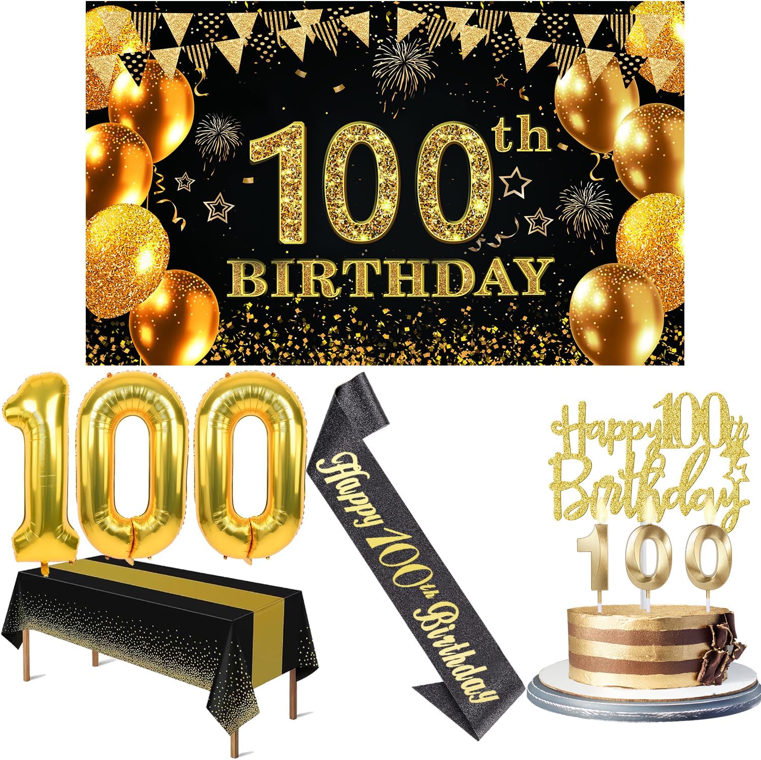 Detalle de 100th Birthday Decorations Set for Men and Women – Black and Gold Milestone Party Kit