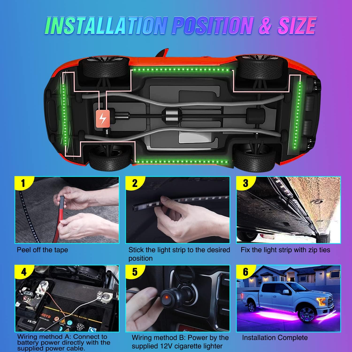 Thumbnail 3 de Nilight 4Pcs Car Underglow Neon Accent Strip Lights — 252 LEDs RGB with Sound Active Modes