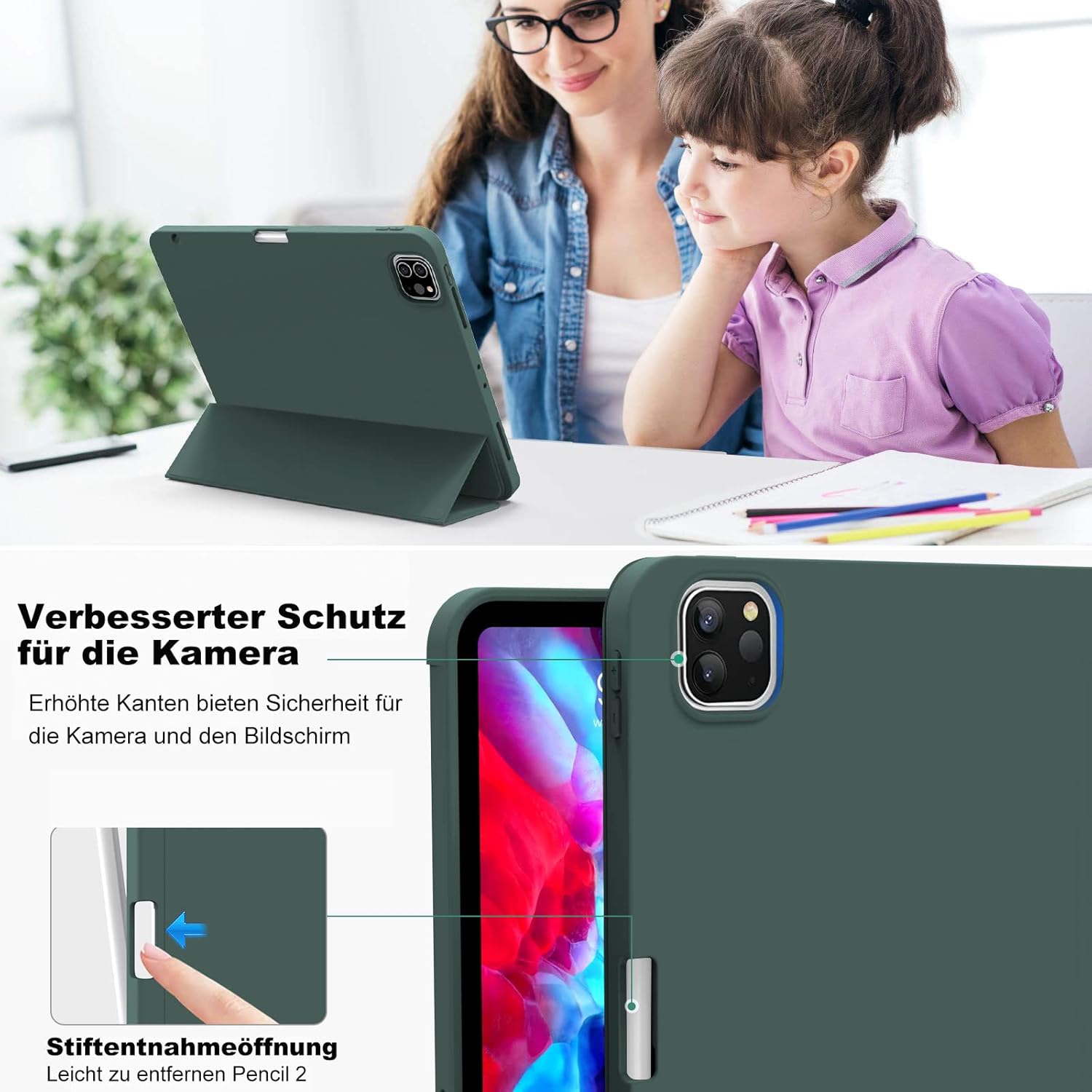 Thumbnail 3 de aoub Hülle für iPad Pro 11 (4./3./2. Generation) 2020–2022 – Grüne Silikonhülle mit Stifthalter und Autowake/Schlaf-Funktion