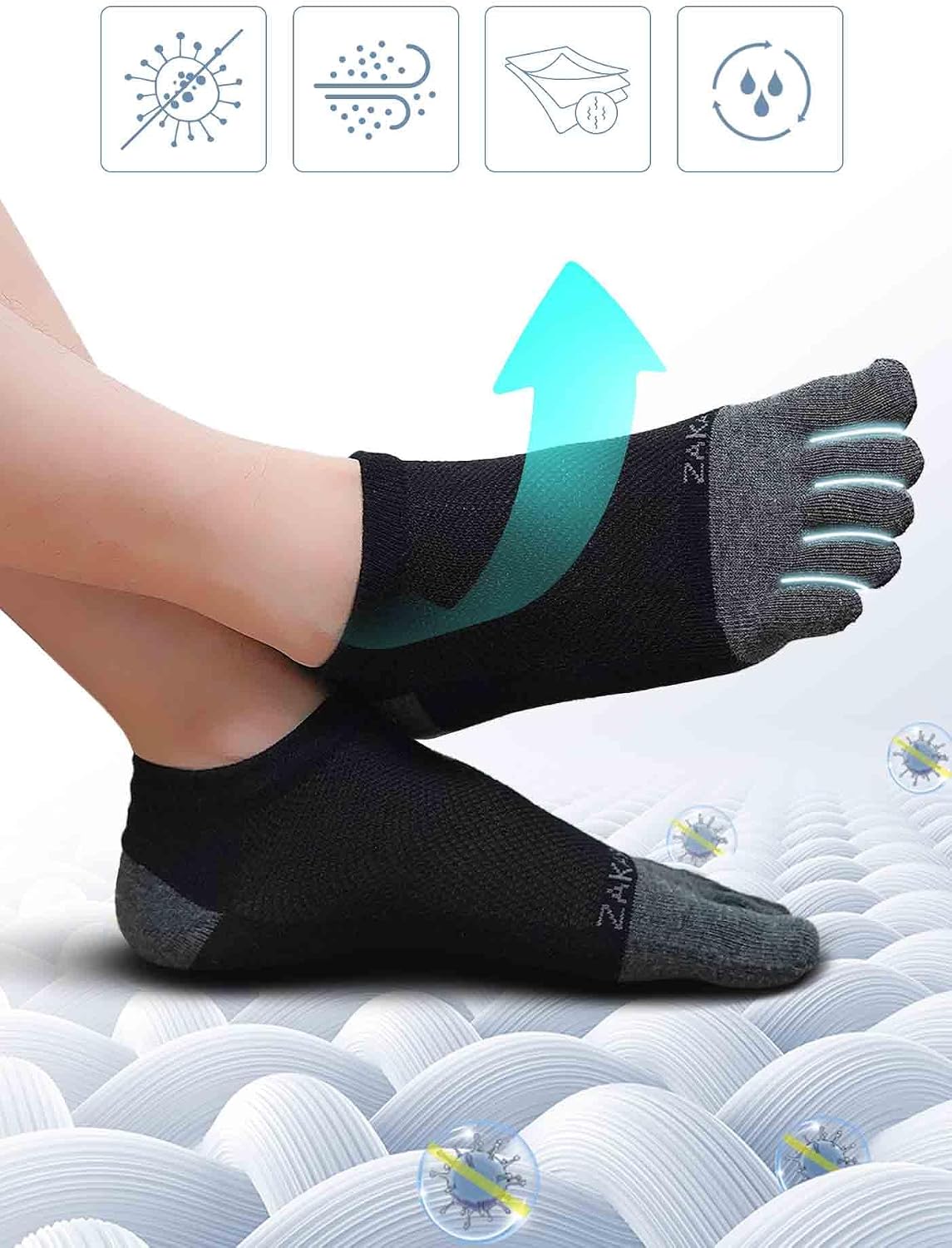 Detalle 2 de ZAKASA Chaussettes à Doigts Homme Sport – 5 paires, coton respirant, orteils séparés