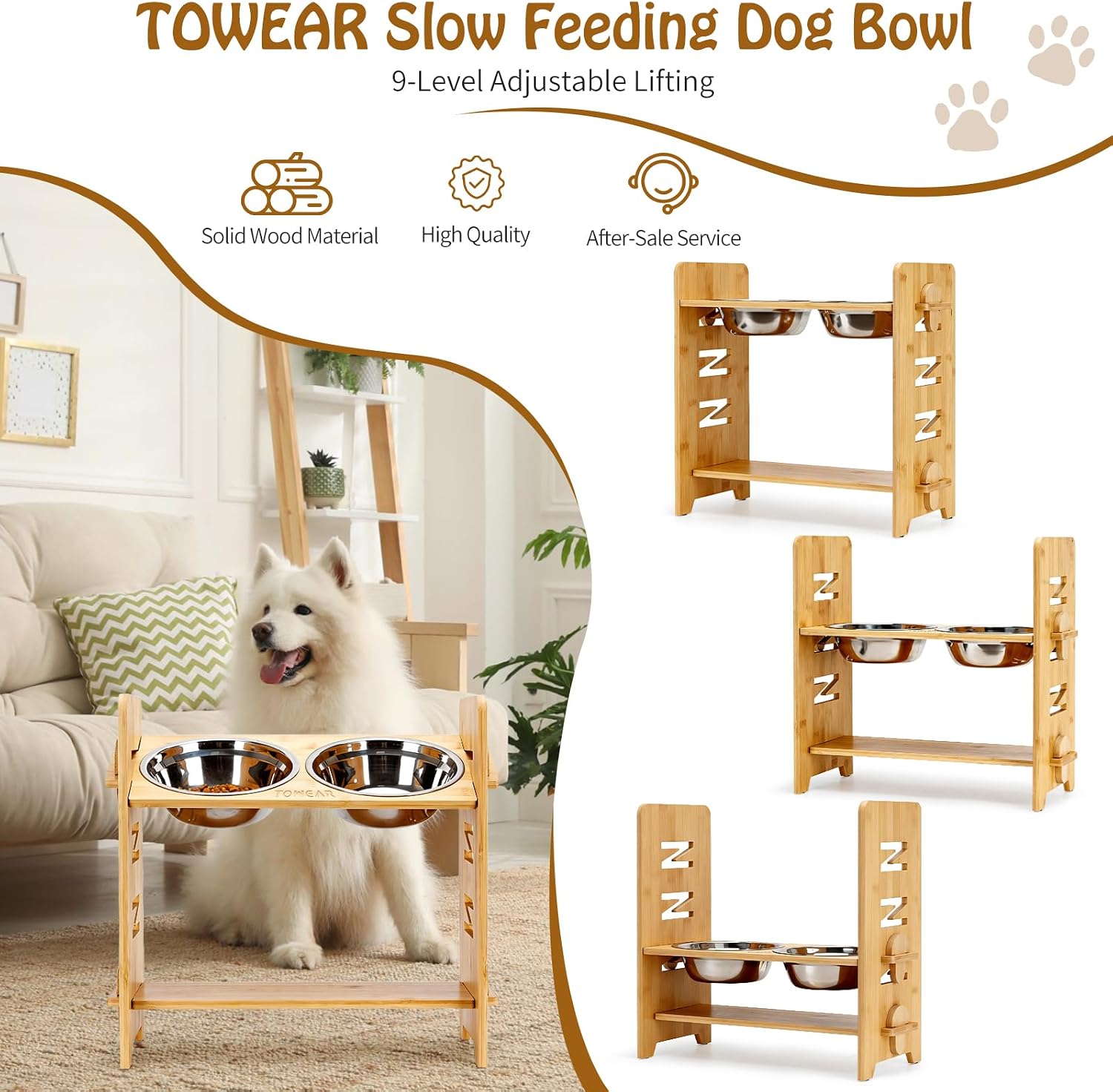 Detalle de Raised Dog Bowl: 6-Level Adjustable Bamboo Feeding Station with 2 Stainless Steel Bowls