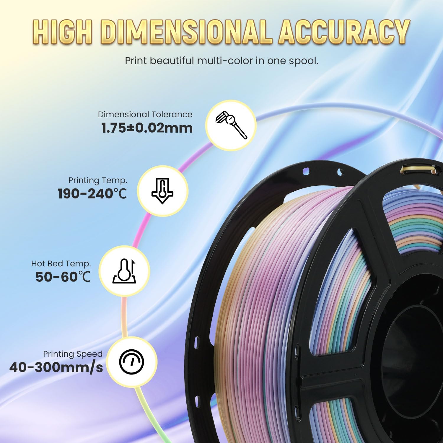 Thumbnail 4 de FLASHFORGE Silk PLA Gradient Rainbow Pastel Filament (1.75mm) – Multicoloured Colour Change 8m Spools