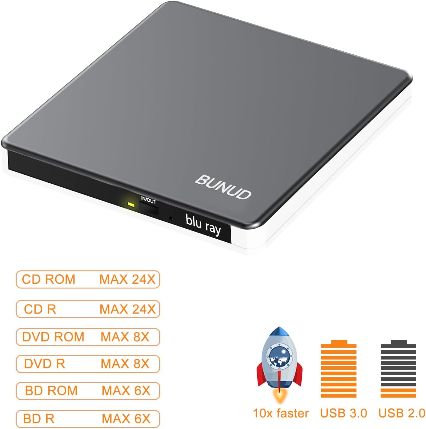 Detalle 2 de External Blu Ray DVD Drive (USB 3.0 & Type-C) with SD/TF, 3D Slim Burner for Windows & Mac