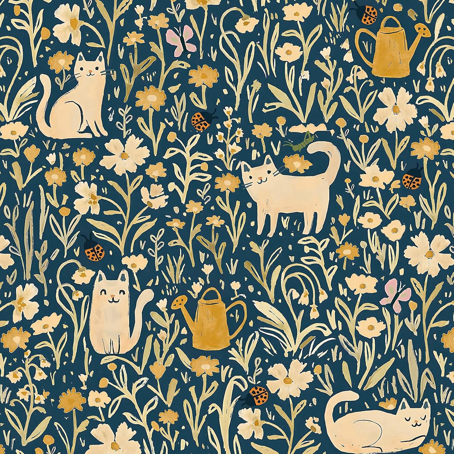 Detalle de CiCiwind zelfklevend behang 41 × 300 cm, blauw vinyl met katten en bloemen