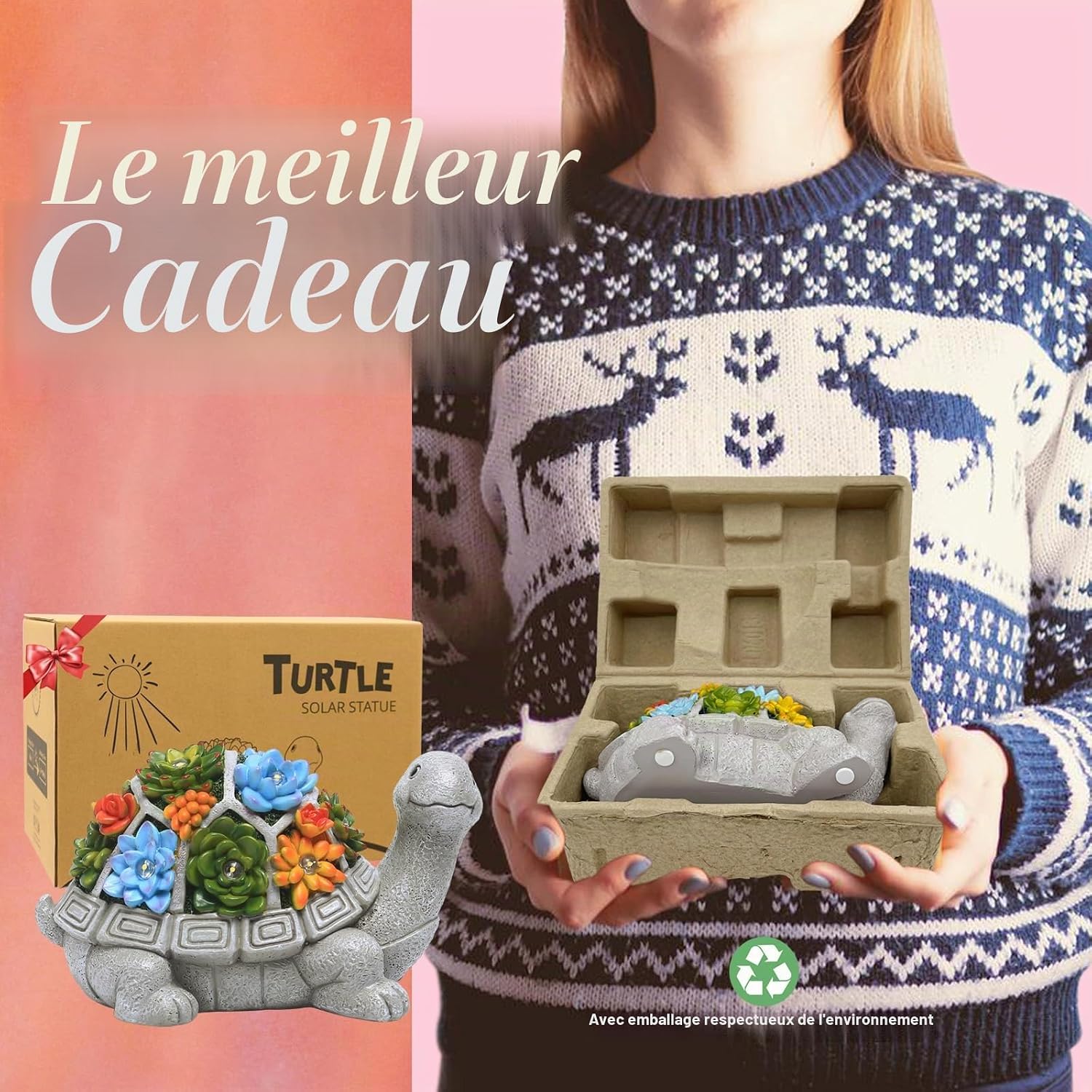 Detalle 2 de Yeomoo Figurine solaire de jardin tortue avec plantes succulentes et 7 lumières LED