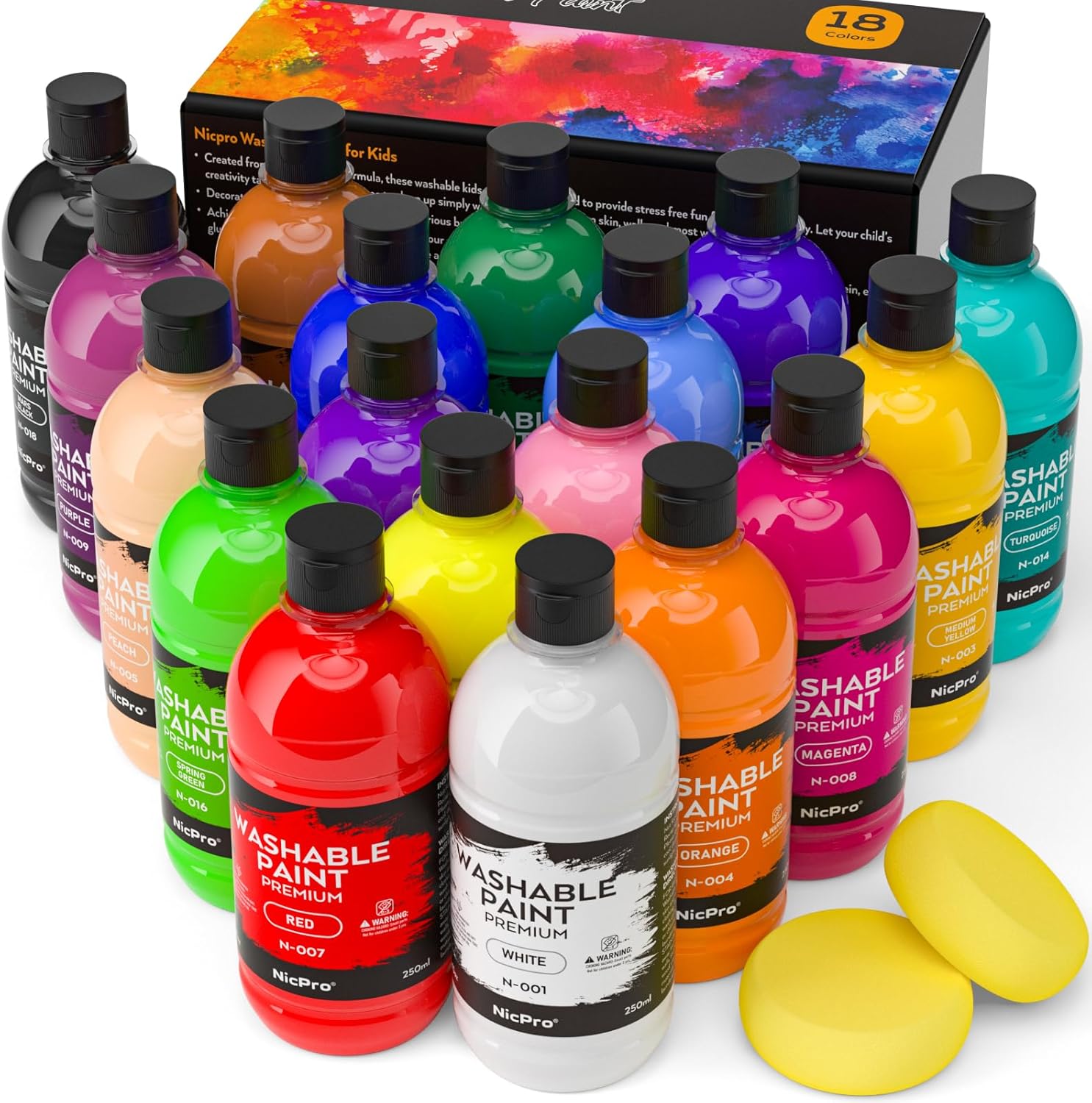 Detalle de Nicpro 18 Farben Abwaschbares Temperafarbe-Set für Kinder – 4500 ml Gesamtinhalt, ungiftig, 250 ml Flaschen