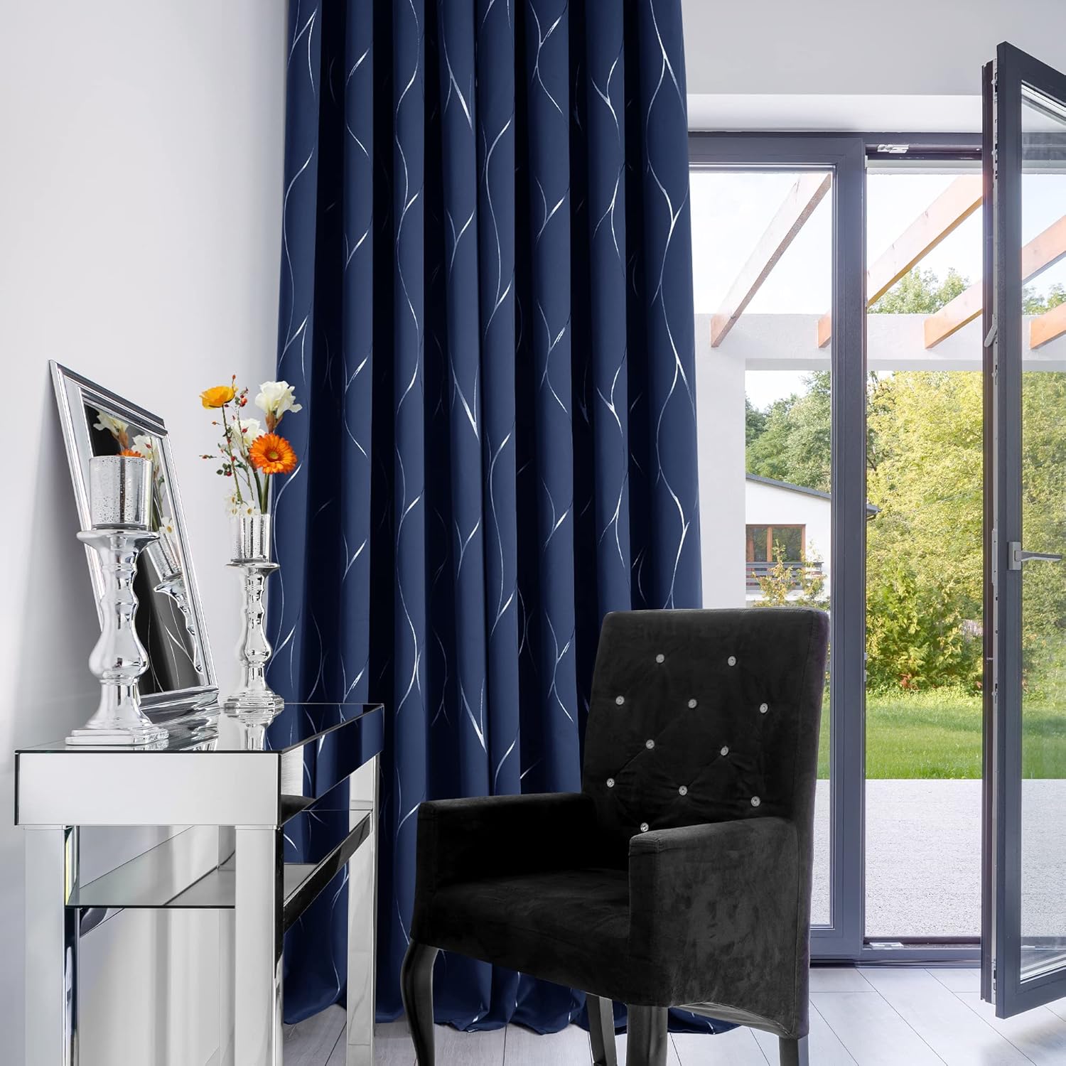 Thumbnail 2 de Deconovo Silver Wave Foil Printed Blackout Curtains (Navy Blue) – Thermal Eyelet Room Darkening, 52x84 Inch, 2 Panels