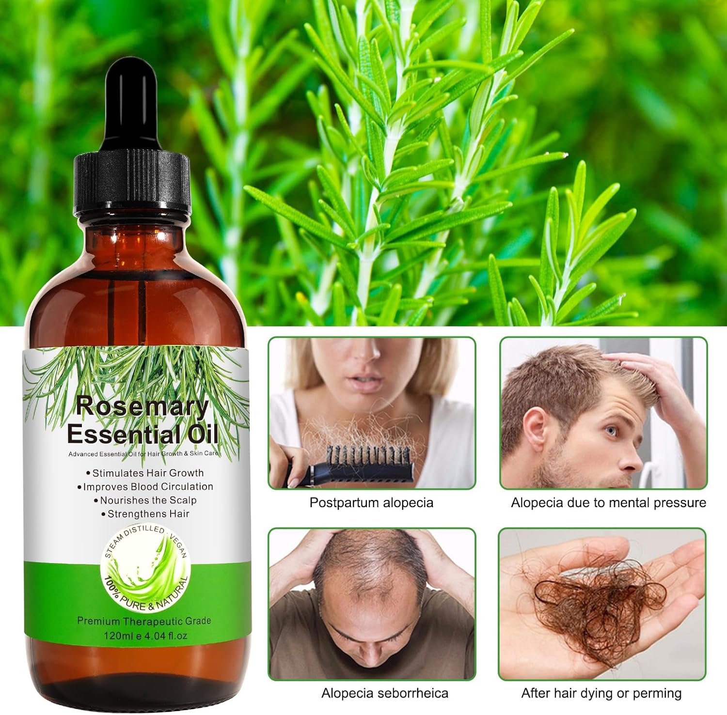 Detalle de Huile essentielle de Romarin – croissance des cheveux et soins de la peau, 120 ml, 100% pure et naturelle
