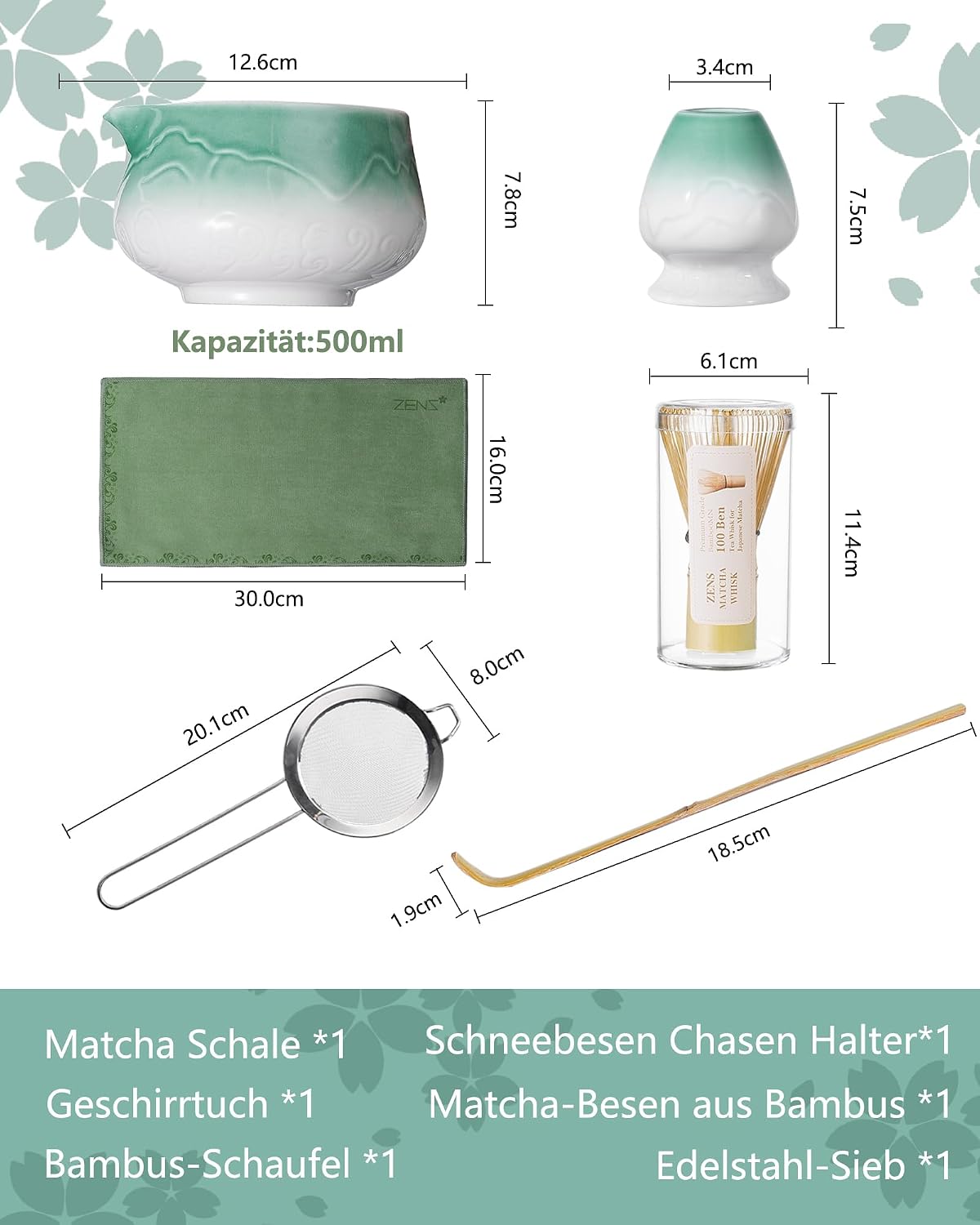 Detalle 2 de ZENS Matcha Tea Set (6pcs) with Bamboo Whisk, Ceramic Bowl & Accessories in Blue