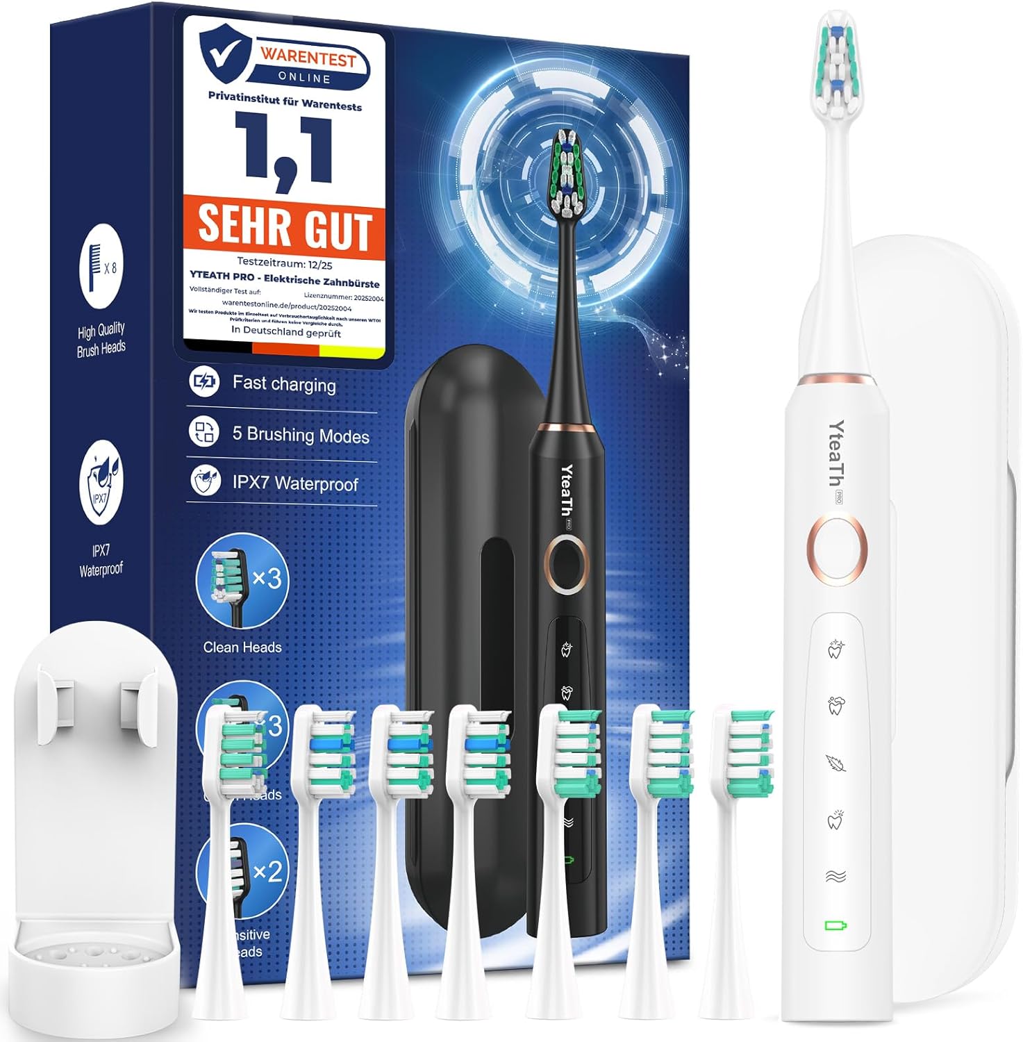 Detalle de Brosse À Dent Électrique Soniques pour Blanchiment – 8 Têtes, Étui de Voyage, 5 Modes, IPX7