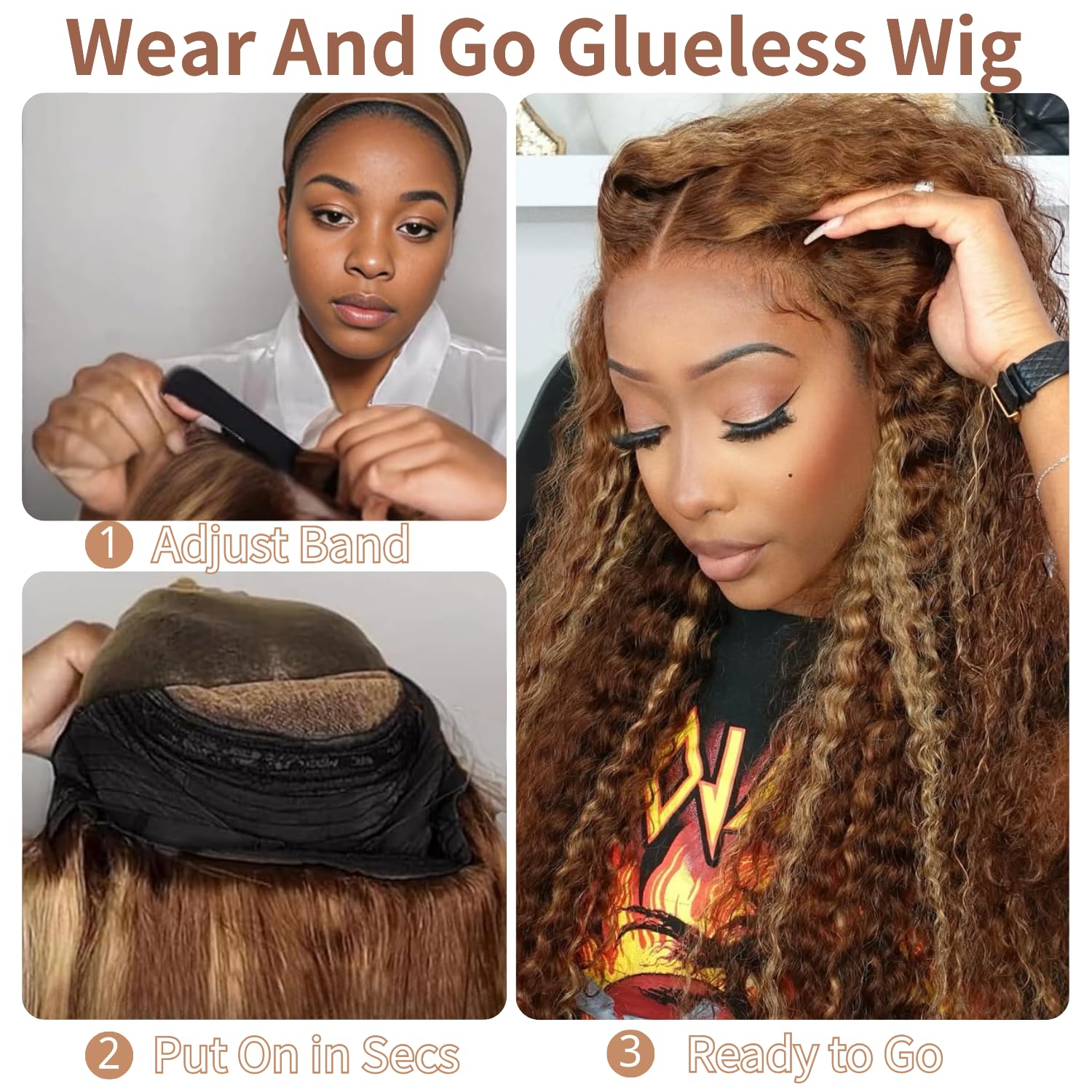 Thumbnail 3 de AAKJJ Deep Wave Lace Front Wig, 24 Inch, 200% Density with 4/27 Highlight Ombre, Glueless 5x5 HD Lace Closure
