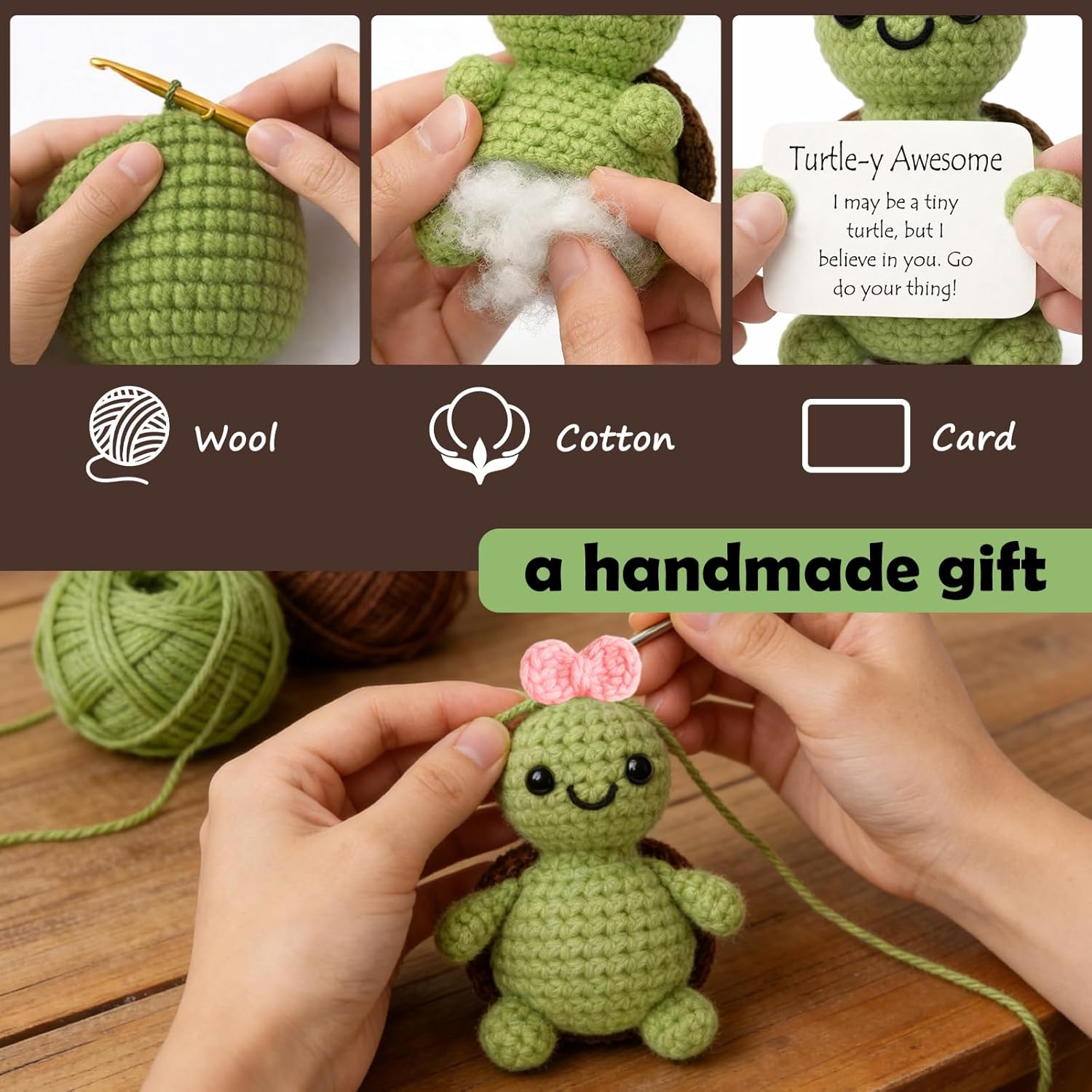 Thumbnail 2 de Tixlux Positive Turtle Gifts handmade knitted turtle doll with pocket hug lucky charm